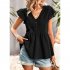 Women V neck Short Sleeve Blouse Summer Casual Loose Hollow out Shirt Simple Elegant Solid Color Tops rose red S