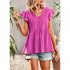 Women V neck Short Sleeve Blouse Summer Casual Loose Hollow out Shirt Simple Elegant Solid Color Tops rose red XL