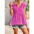 Women V neck Short Sleeve Blouse Summer Casual Loose Hollow out Shirt Simple Elegant Solid Color Tops rose red XL