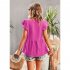 Women V neck Short Sleeve Blouse Summer Casual Loose Hollow out Shirt Simple Elegant Solid Color Tops rose red XL