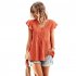 Women V neck Short Sleeve Blouse Summer Casual Loose Hollow out Shirt Simple Elegant Solid Color Tops rose red XL