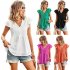 Women V neck Short Sleeve Blouse Summer Casual Loose Hollow out Shirt Simple Elegant Solid Color Tops rose red XL