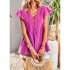 Women V neck Short Sleeve Blouse Summer Casual Loose Hollow out Shirt Simple Elegant Solid Color Tops rose red XL
