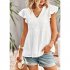 Women V neck Short Sleeve Blouse Summer Casual Loose Hollow out Shirt Simple Elegant Solid Color Tops rose red XL