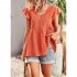 Women V neck Short Sleeve Blouse Summer Casual Loose Hollow out Shirt Simple Elegant Solid Color Tops rose red XL