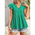 Women V neck Short Sleeve Blouse Summer Casual Loose Hollow out Shirt Simple Elegant Solid Color Tops rose red XL