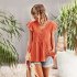 Women V neck Short Sleeve Blouse Summer Casual Loose Hollow out Shirt Simple Elegant Solid Color Tops rose red XL
