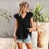 Women V neck Short Sleeve Blouse Summer Casual Loose Hollow out Shirt Simple Elegant Solid Color Tops rose red XL