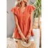 Women V neck Short Sleeve Blouse Summer Casual Loose Hollow out Shirt Simple Elegant Solid Color Tops rose red XL