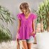 Women V neck Short Sleeve Blouse Summer Casual Loose Hollow out Shirt Simple Elegant Solid Color Tops rose red XL