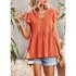 Women V neck Short Sleeve Blouse Summer Casual Loose Hollow out Shirt Simple Elegant Solid Color Tops rose red XL