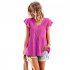 Women V neck Short Sleeve Blouse Summer Casual Loose Hollow out Shirt Simple Elegant Solid Color Tops rose red XL