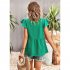 Women V neck Short Sleeve Blouse Summer Casual Loose Hollow out Shirt Simple Elegant Solid Color Tops rose red XL