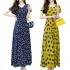 Women V neck Short Sleeves Dress Polka Dot Printing Slimming A line Skirt Elegant Beach Dress blue L
