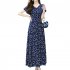 Women V neck Short Sleeves Dress Polka Dot Printing Slimming A line Skirt Elegant Beach Dress blue L