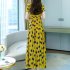 Women V neck Short Sleeves Dress Polka Dot Printing Slimming A line Skirt Elegant Beach Dress yellow M