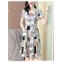 Women V neck Short Sleeves Dress Elegant Printing High Waist Lace up Midi Skirt Casual Large Size A line Skirt As shown L