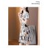 Women V neck Short Sleeves Dress Elegant Printing High Waist Lace up Midi Skirt Casual Large Size A line Skirt As shown L