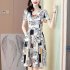 Women V neck Short Sleeves Dress Elegant Printing High Waist Lace up Midi Skirt Casual Large Size A line Skirt As shown L