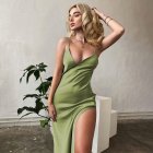 Women V-neck Sleeveless Dress Sexy Backless Split Spaghetti Strap Long Skirt Elegant Simple Solid Color Dress green 2XL