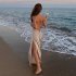 Women V neck Sleeveless Dress Sexy Backless Split Spaghetti Strap Long Skirt Elegant Simple Solid Color Dress wine red 3XL