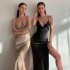 Women V neck Sleeveless Dress Sexy Backless Split Spaghetti Strap Long Skirt Elegant Simple Solid Color Dress wine red 3XL