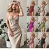 Women V neck Sleeveless Dress Sexy Backless Split Spaghetti Strap Long Skirt Elegant Simple Solid Color Dress beige M