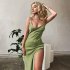 Women V neck Sleeveless Dress Sexy Backless Split Spaghetti Strap Long Skirt Elegant Simple Solid Color Dress green M