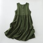 Women V-neck Tank Dress Summer Linen Sleeveless A-line Skirt Casual High Waist Solid Color Pullover Dress Army Green M