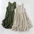 Women V neck Tank Dress Summer Linen Sleeveless A line Skirt Casual High Waist Solid Color Pullover Dress Army Green M