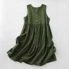 Women V-neck Tank Dress Summer Linen Sleeveless A-line Skirt Casual High Waist Solid Color Pullover Dress Army Green L