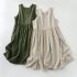 Women V neck Tank Dress Summer Linen Sleeveless A line Skirt Casual High Waist Solid Color Pullover Dress Army Green M