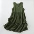 Women V neck Tank Dress Summer Linen Sleeveless A line Skirt Casual High Waist Solid Color Pullover Dress Army Green 2XL