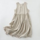 Women V-neck Tank Dress Summer Linen Sleeveless A-line Skirt Casual High Waist Solid Color Pullover Dress linen color L