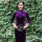 Women Velvet Cheongsam Dress Stylish Slim Fit Large Size Long Skirt Elegant Stand Collar High Slit Dress T0072-2 purple XL