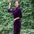 Women Velvet Cheongsam Dress Stylish Slim Fit Large Size Long Skirt Elegant Stand Collar High Slit Dress T0072 1 wine red L