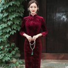 Women Velvet Cheongsam Dress Stylish Slim Fit Large Size Long Skirt Elegant Stand Collar High Slit Dress T0072-1 wine red XXL