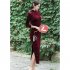 Women Velvet Cheongsam Dress Stylish Slim Fit Large Size Long Skirt Elegant Stand Collar High Slit Dress T0072 1 wine red XXXXL