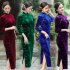 Women Velvet Cheongsam Dress Stylish Slim Fit Large Size Long Skirt Elegant Stand Collar High Slit Dress T0072 1 wine red XXXXL