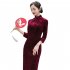 Women Velvet Cheongsam Dress Stylish Slim Fit Large Size Long Skirt Elegant Stand Collar High Slit Dress T0072 1 wine red XXXXXL