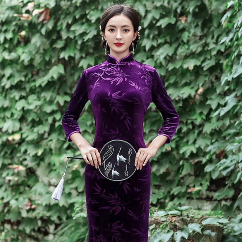 Women Velvet Cheongsam Dress Stylish Slim Fit Large Size Long Skirt Elegant Stand Collar High Slit Dress T0072-2 purple L