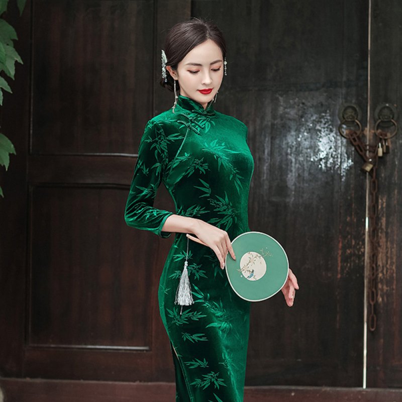 Women Velvet Cheongsam Dress Stylish Slim Fit Large Size Long Skirt Elegant Stand Collar High Slit Dress T0072-4 emerald green L