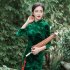 Women Velvet Cheongsam Dress Stylish Slim Fit Large Size Long Skirt Elegant Stand Collar High Slit Dress T0072 4 emerald green L