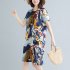 Women Vintage Printing Dress Casual Round Neck Loose Midi Skirt Short Sleeves Pullover A line Skirt