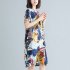 Women Vintage Printing Dress Casual Round Neck Loose Midi Skirt Short Sleeves Pullover A line Skirt