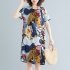 Women Vintage Printing Dress Casual Round Neck Loose Midi Skirt Short Sleeves Pullover A line Skirt