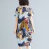 Women Vintage Printing Dress Casual Round Neck Loose Midi Skirt Short Sleeves Pullover A line Skirt as shown L