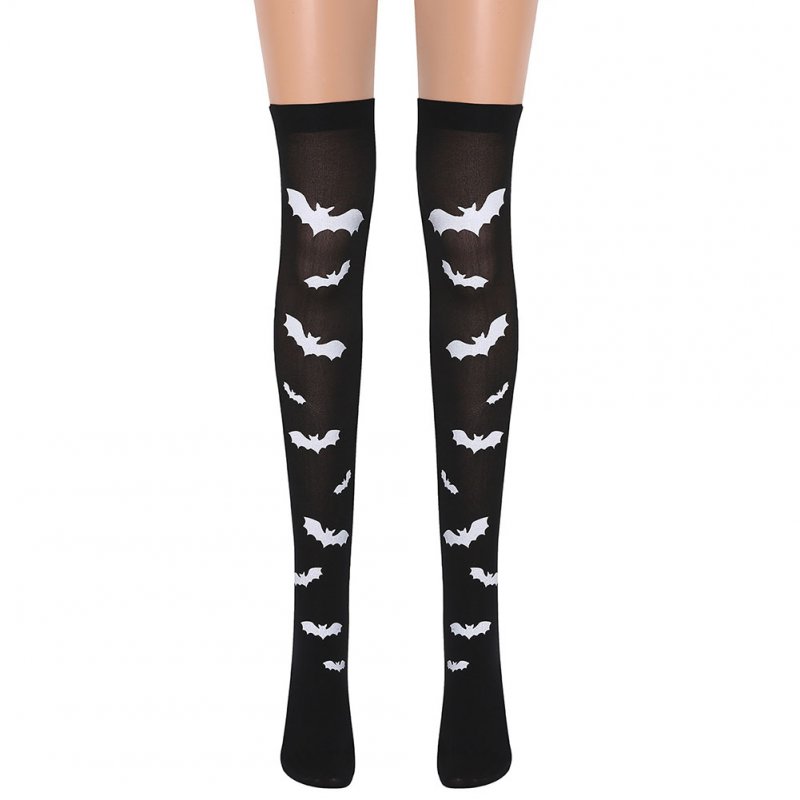 Women White Bat Pattern Socks Over Knee Stocking for Halloween Party Wear Black (white bat)_One size