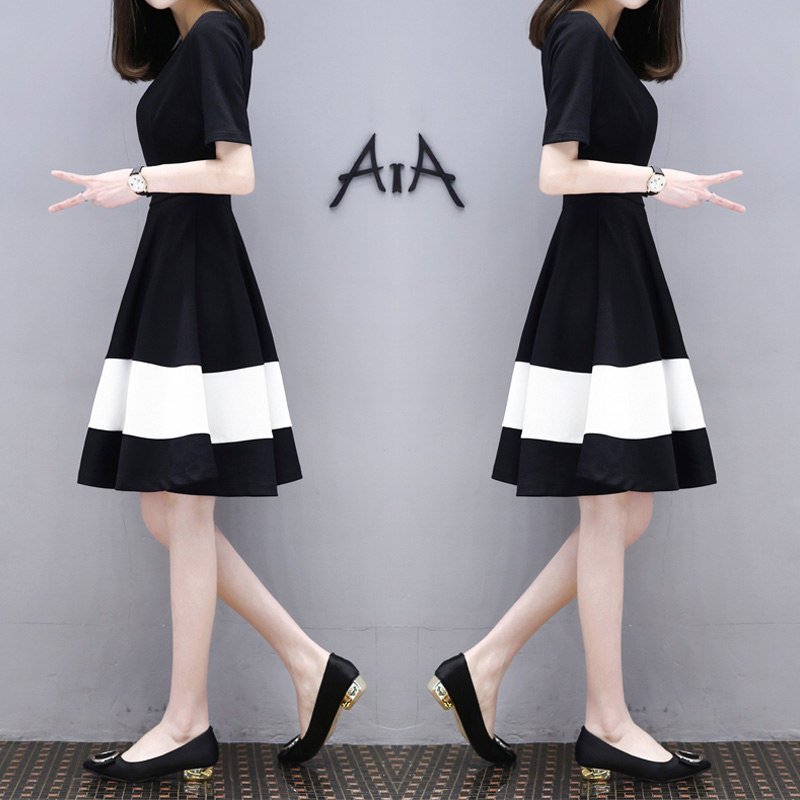 Women White Black Stripes Short Sleeve Thin A-line Dress Black and white stitching_S