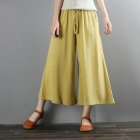 Women Wide-leg Cropped Pants Summer High Waist Retro Solid Color Loose Casual Cotton Linen Pants yellow L